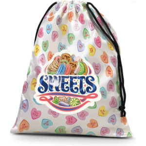 A medium satin gift bag featuring a colourful heart pattern and a sweets logo, with a drawstring closure.