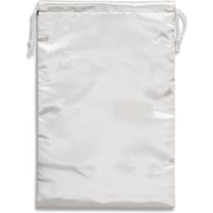 A large satin gift bag in white, featuring a drawstring closure and a smooth, shiny surface.