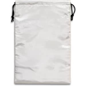 A large satin gift bag in white, featuring a drawstring closure and a smooth finish.