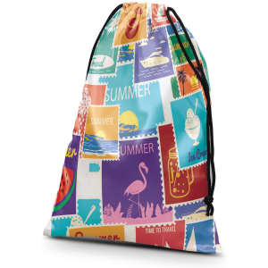 A large satin gift bag featuring a vibrant pattern of summer-themed stamps in various colours. It has a drawstring closure and a logo.