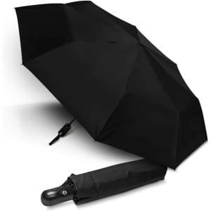 A black compact umbrella displayed open, with a matching black cover beside it. The umbrella has a logo on the handle.