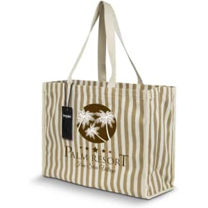 A striped beige and white tote bag with palm tree design and branding. It has two handles for carrying.