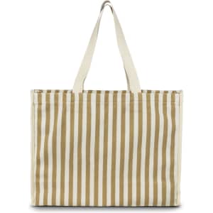 A striped tote bag in cream and brown with sturdy handles and branding on the side.