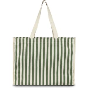 A green and white striped tote bag with sturdy handles and a plain design, featuring a logo on the side.