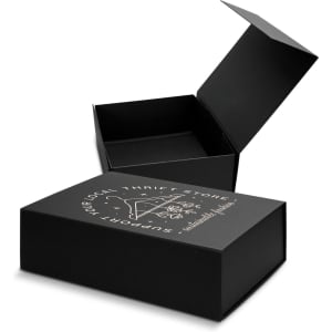 A medium black magnetic lid gift box with an open top and a logo printed on the front.