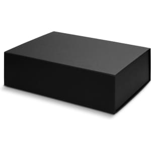 A medium-sized magnetic lid gift box in sleek black, featuring a simple design and a logo.