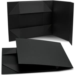 A medium black magnetic lid gift box with a foldable design. Includes a logo on the exterior.