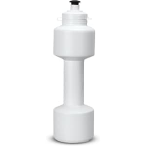 A drink bottle designed to look like a dumbbell, featuring a white body with a twist-off cap.