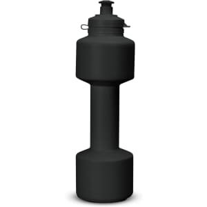 A drink bottle shaped like a dumbbell, featuring a matte black finish and a screw-top lid. It has a logo on the side.