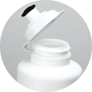 A drink bottle in white with a black lid, featuring a wide opening for easy filling and cleaning.
