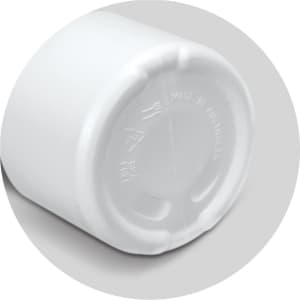 A drink bottle with a round base in white, featuring a logo on the side.