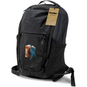 A black daypack featuring a mountain-themed design, with mesh side pockets and a logo.