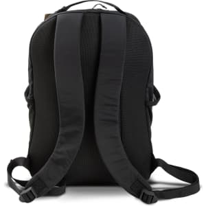 A black daypack with padded shoulder straps and a mesh back for ventilation, featuring a logo on the exterior.