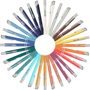 A circular arrangement of colourful pens, featuring various shades including blue, green, orange, and cream, with silver accents.