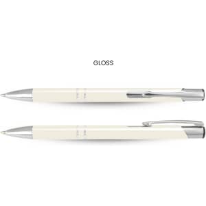 A cream-coloured pen with a shiny finish and silver accents, featuring a logo on its body.