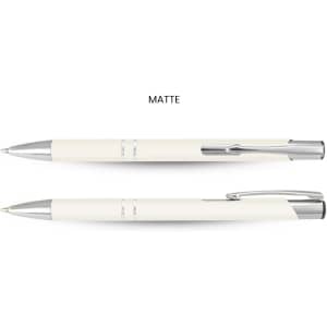 A matte white pen with silver accents, featuring a sleek design and a clip for attachment.