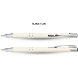 A rubberised pen in cream colour with silver accents, featuring a sleek design and clip.