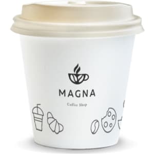 A compostable white paper coffee cup with a beige lid, featuring simple illustrations and a logo.