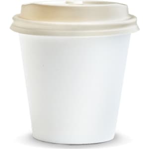 A compostable white paper coffee cup with a beige lid, suitable for 180ml beverages. Features a logo.