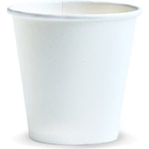 A white compostable paper coffee cup, 180ml in size, featuring a simple design and a smooth, unprinted surface.