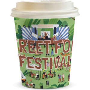 A compostable paper coffee cup in cream with a vibrant, illustrated design featuring a street food festival theme.