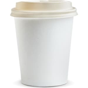 A white compostable paper coffee cup with a beige lid, suitable for 230ml beverages. The cup features a logo.