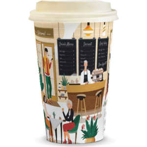 A compostable paper coffee cup in cream, featuring illustrated scenes of a café and people enjoying their time.