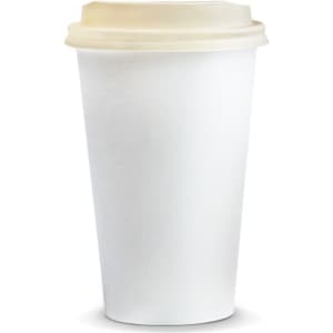 A white compostable paper coffee cup with a cream-coloured lid, 350ml capacity, featuring a branding logo.