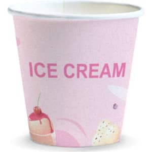 A pink compostable paper cup with a decorative ice cream design and a logo. Volume is 180ml.