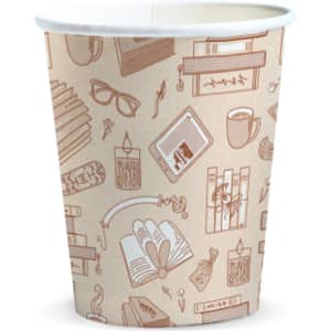 A compostable paper cup, 230ml, featuring a beige design with various illustrated items. It has a logo.