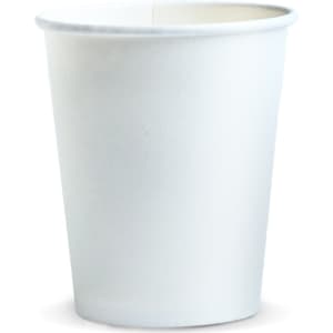 A compostable white paper cup, 230ml in size, featuring a simple design and a logo.