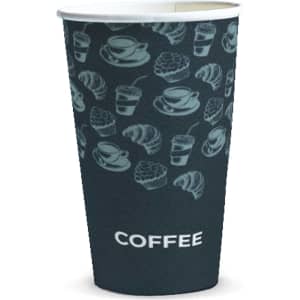 A compostable paper cup in dark colours, featuring various coffee and pastry illustrations, with a logo on the side.