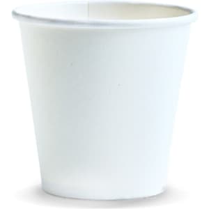 A white paper cup with a tapered design, holding 180ml of liquid. It features a logo on the side.