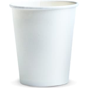 A white paper cup with a capacity of 230ml. It features a smooth surface and has a branding logo.