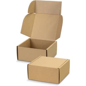 A die cut box with a locking lid, featuring a brown kraft finish, partially open with another closed box beside it.