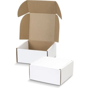 A white die cut box with a locking lid, featuring an open box and a closed box, both made of cardboard.