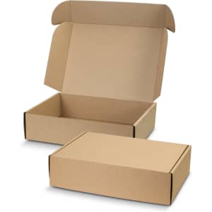 A kraft cardboard die cut box with a locking lid, featuring an open box on top and a closed box underneath.