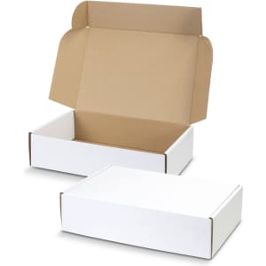 A white die cut box with a locking lid, featuring a brown interior, and a slightly open design.