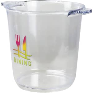 A clear plastic ice bucket with a handle, featuring a logo with cutlery and the word "DINING."