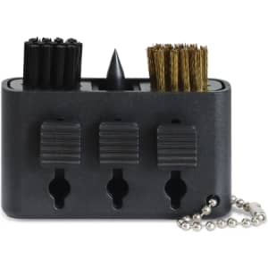 A black golf club cleaning tool featuring two different brush types and a spike, with a keychain attachment.