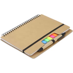 A kraft notebook with a spiral binding, featuring colourful sticky notes and a pen attached.