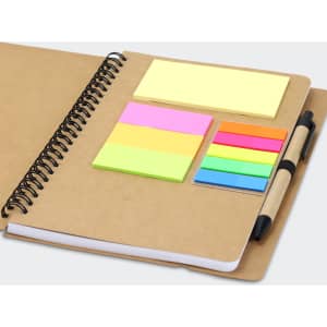 A Kraft notebook featuring a spiral binding, assorted sticky notes in bright colours, and a pen holder.