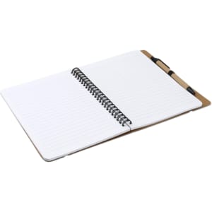 A Kraft notebook with a spiral binding, featuring blank lined pages and a pen attached on the side.