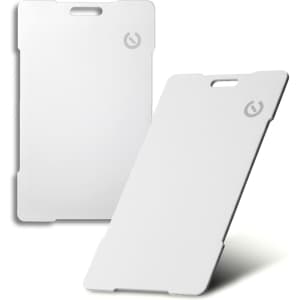 A white Bluetooth tracker with a slim design, featuring a logo in the corner.