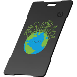 A black Bluetooth tracker with a green and blue design featuring a smiling Earth and stylised plants.