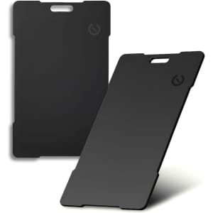 A sleek, black Bluetooth tracker with a minimalist design and a logo on the side.