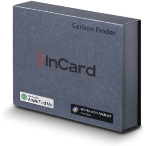 A grey box containing the "Carbon Bluetooth Tracker" product, with a logo and compatibility labels for Apple and Android.
