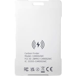 A white Bluetooth tracker with a logo, featuring a sleek design and multiple identification marks on the back.