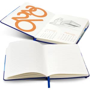 A full colour notebook with a blue cover featuring illustrated pages and a calendar layout. It has a logo on the cover.