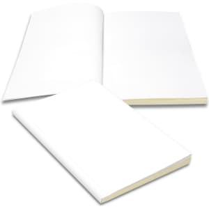 A white notebook with blank pages, featuring a smooth cover and a subtle spine. It has a branding logo.